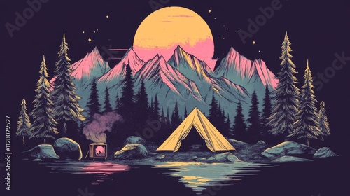 Camping vector illustration with a tent, mountains, pine trees, and a cooking stove. photo