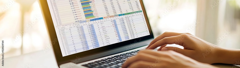 Obraz premium Closeup of hands typing on a laptop, with a keyword analysis spreadsheet open, bright lighting