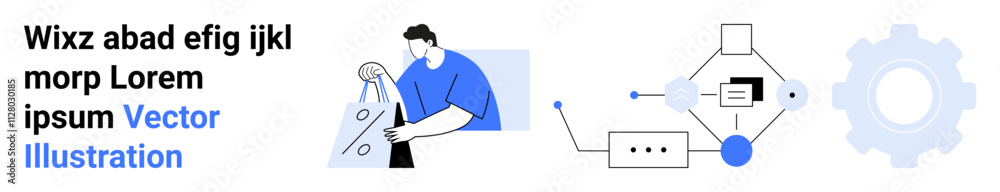 Man manipulating design tools with accompanying flowchart diagram and gear symbol. Ideal for process optimization, workflow automation, engineering, efficiency solutions, productivity enhancement Man manipulating design tools with accompanying flowchart diagram and gear symbol. Ideal for process optimization, workflow automation, engineering, efficiency solutions, productivity enhancement