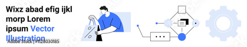 Man manipulating design tools with accompanying flowchart diagram and gear symbol. Ideal for process optimization, workflow automation, engineering, efficiency solutions, productivity enhancement