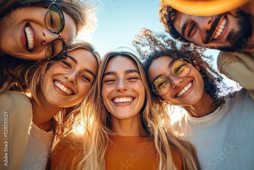 Joyful multicultural friends smiling together under the sun - Happy young people enjoying outdoor fun and friendship photo