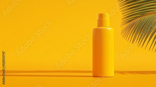 Yellow Sunblock Bottle Mockup Summer Skincare Tropical Background