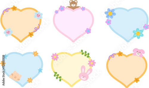 Cute vector illustration of teddy bear, cat, bunny, puppy, flowers with heart shaped blank space for name tag, text bubble, sticker, animal print, memo note, sticky note, notepads, paper design, zoo

