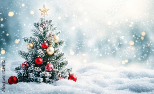 Christmas tree with decorations on snow in a winter landscape