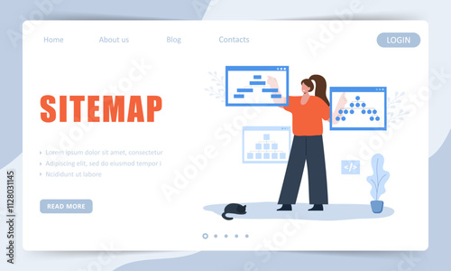 Sitemap concept. Landing page template. Website navigation for the user. Female Developer creation Strategy. UX designer workflow. Vector illustration.