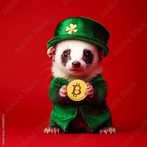 A mischievous ferret dressed in a tiny leprechaun costume, holding a gold coin, isolated on a bold red background with space for text photo