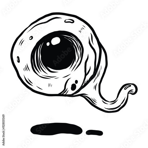Surreal black-and-white floating eyeball illustration with a tail extension, spooky and creepy design ideal for tattoo or shirt art