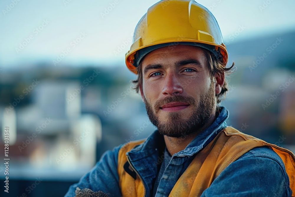 Confident Black Construction Worker on Rooftop with Urban Landscape in Background Confident Black Construction Worker on Rooftop with Urban Landscape in Background