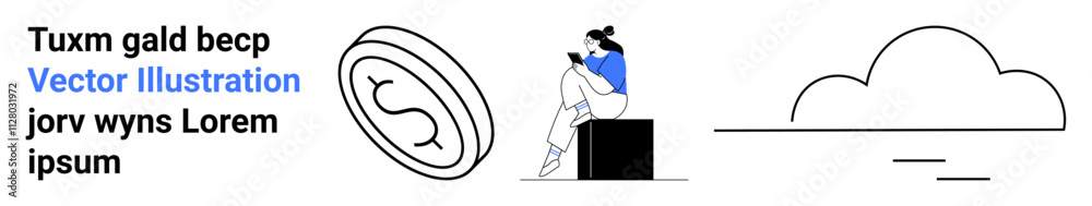 Woman reading on a step, stylized coin with dollar sign, and minimalist cloud icon. Ideal for finance, technology, lifestyle, relaxation, weather cloud computing modern design themes. Landing page Woman reading on a step, stylized coin with dollar sign, and minimalist cloud icon. Ideal for finance, technology, lifestyle, relaxation, weather cloud computing modern design themes. Landing page