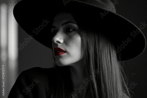 Woman in Black Hat with Red Lips Gazes Pensively