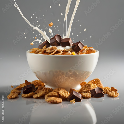 Dynamic Cereal Bowl with Chocos and Splashing Milk