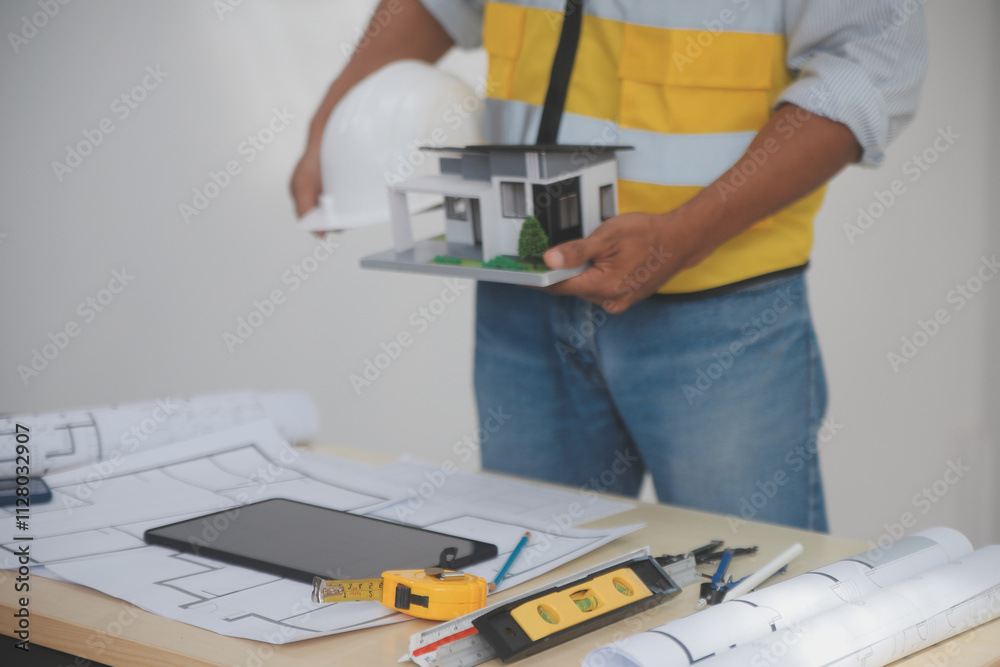 Image of engineer meeting for architectural project. working with partner and engineering tools on workplace vintage tone. Image of engineer meeting for architectural project. working with partner and engineering tools on workplace vintage tone.
