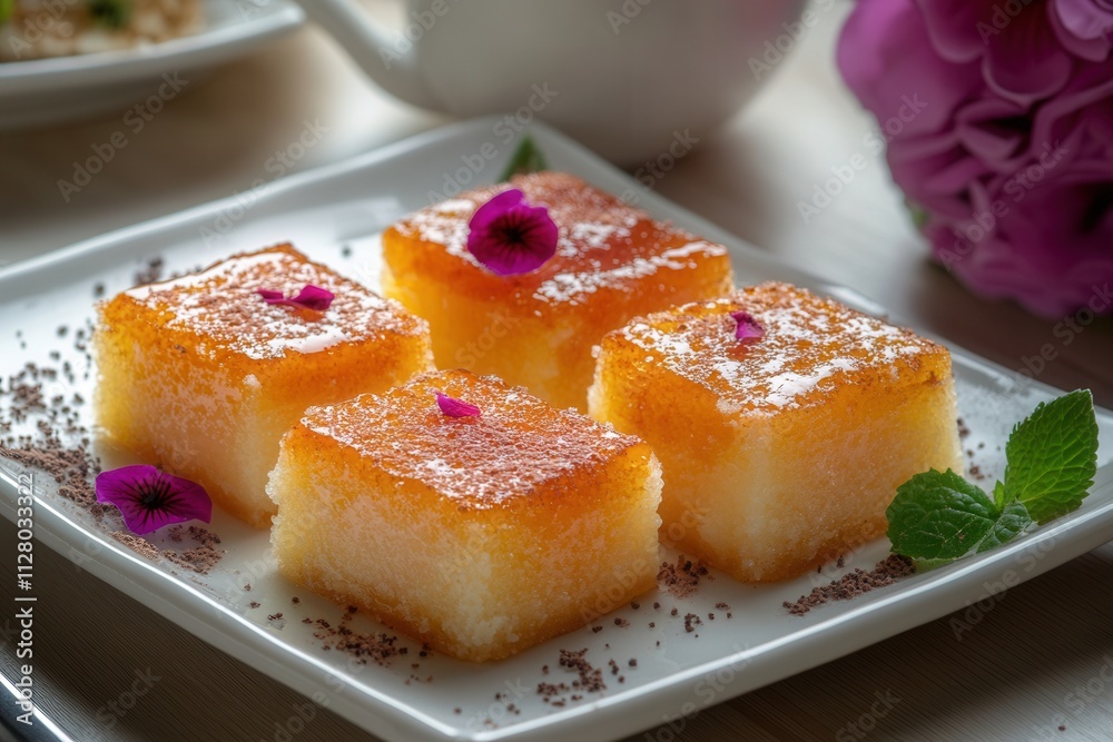 Four small, square, golden-brown cakes, glazed with a light caramel, topped with tiny purple flowers, on a white plate Four small, square, golden-brown cakes, glazed with a light caramel, topped with tiny purple flowers, on a white plate