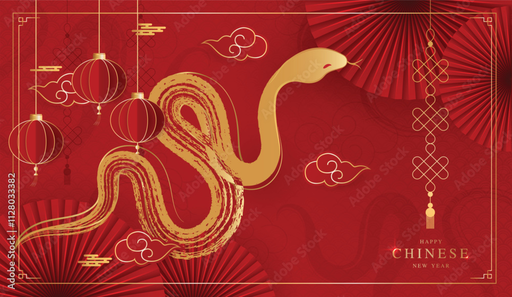 Chinese new year 2025 of the snake banner template design with snake, chinese lantern and chinese fan red background. red traditional chinese vector design with snake. Chinese new year 2025 of the snake banner template design with snake, chinese lantern and chinese fan red background. red traditional chinese vector design with snake.