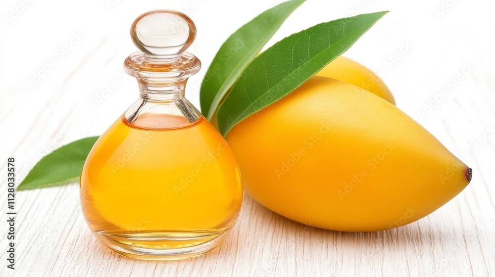 Natural Mango Oil in Glass Bottle with Fresh Mango Fruit and Leaves Natural Mango Oil in Glass Bottle with Fresh Mango Fruit and Leaves