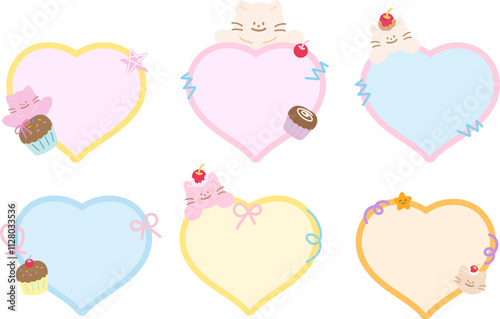 Cute vector illustration of cat, cupcake, flowers with heart shaped blank space for name tag, text bubble, sticker, sweet dessert, animals, memo note, sticky note, notepads, paper design, gift wrap