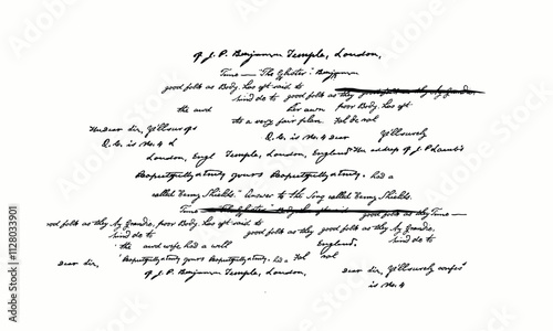 Hand write poetry in paper art style on white background. Antique hand written, hand drawn note or journal entry in cursive, unreadable, illegible, messy handwriting with areas crossed out. Fragment 