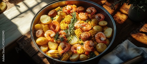 pot of fresh shrimp, corn, sausage, and potatoes food photography . 