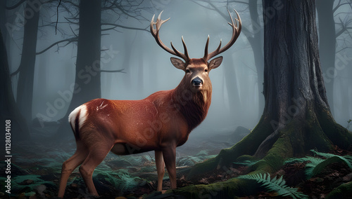 Majestic Male Stag in a Misty Forest: A Regal Presence