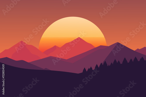 Sunrise on hill isolated vector illustration background