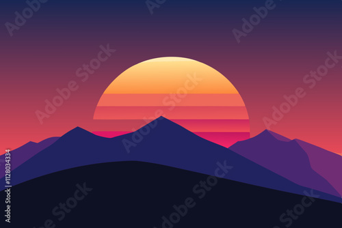 Sunrise on hill isolated vector illustration background