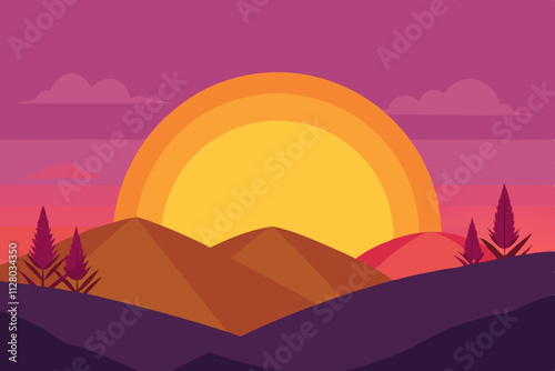 Sunrise on hill isolated vector illustration background