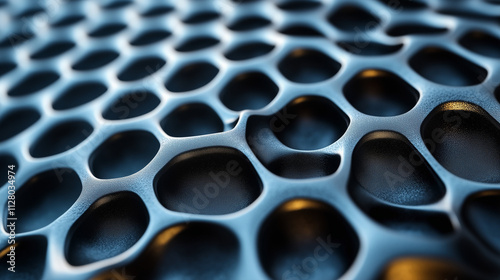 Metallic Honeycomb Texture: Abstract close-up of a dark metallic surface with a honeycomb pattern, featuring a subtle depth of field and intriguing textural details.