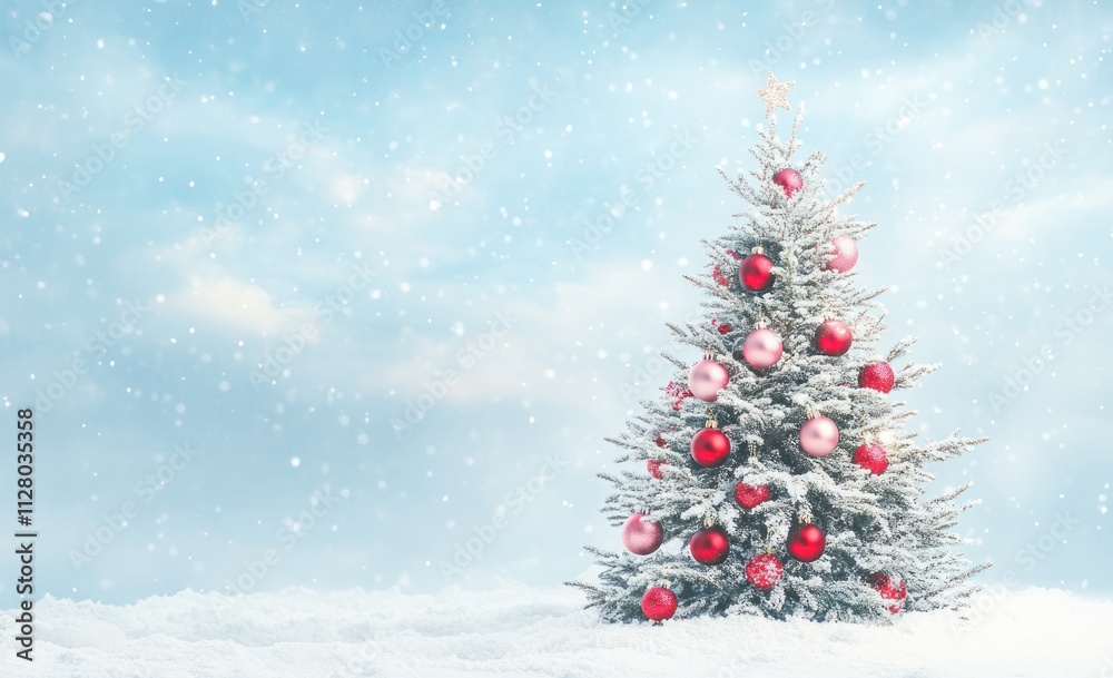Christmas tree with decorations on snow in a winter landscape Christmas tree with decorations on snow in a winter landscape
