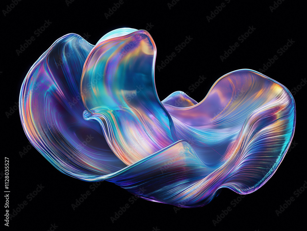 3D render of a fluid holographic abstract shape on a black background, featuring a metallic liquid wave with a gradient effect. The shiny, wavy texture showcases vibrant, iridescent colors for a dynam 3D render of a fluid holographic abstract shape on a black background, featuring a metallic liquid wave with a gradient effect. The shiny, wavy texture showcases vibrant, iridescent colors for a dynam