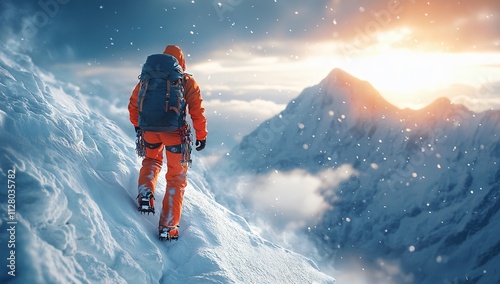 Two climbers ascend a snow-covered peak, ideal for winter sports promotions, adventure marketing, or as a backdrop for motivational themes in blogs and campaigns. photo