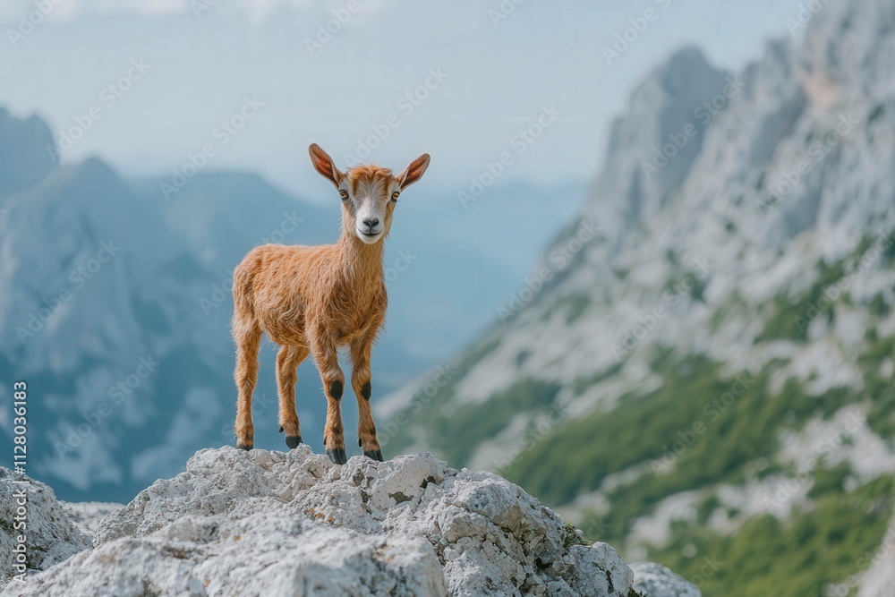 Young Goat Standing on Rocky Mountain Landscape Young Goat Standing on Rocky Mountain Landscape