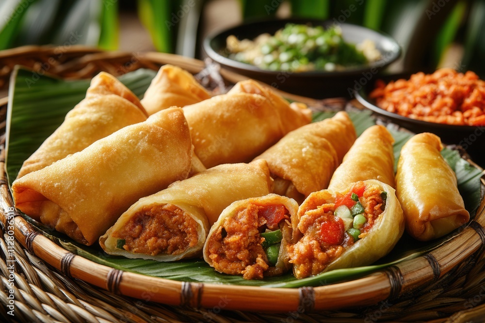 Golden-brown crispy egg rolls with savory filling served on a woven tray.