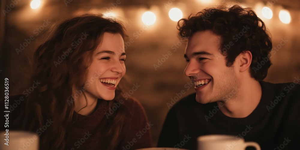 A delightful image showcasing a couple laughing together under soft, warm decorative lights, capturing a moment of love and happiness in an intimate social setting.