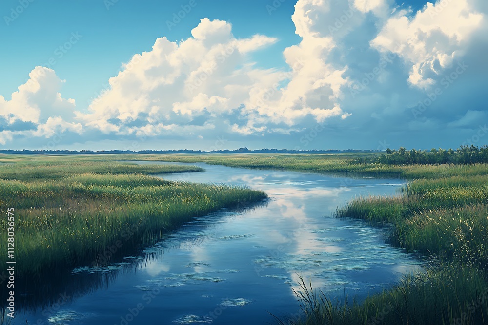 A serene landscape featuring a calm river surrounded by lush greenery and vibrant clouds. A serene landscape featuring a calm river surrounded by lush greenery and vibrant clouds.