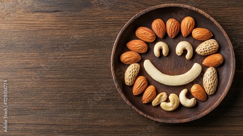 A playful arrangement of nuts forming a smiling face on a wooden plate, creating a cheerful and artistic display. photo