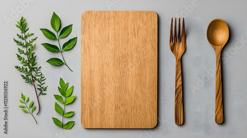 Wooden Cutting Board with Greenery: A flat lay composition of a rustic wooden cutting board, a fork and spoon, and fresh sprigs of greenery, ready to be used to create a delicious and healthy meal.  