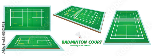 Set illustration of a badminton court with measurements adhering to BWF (Badminton World Federation) standards. The image includes top and angled views of the court, showing dimensions for singles and
