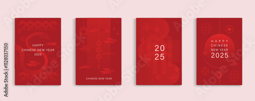 Chinese new year 2025 modern art design set in red gold background. Lunar new year 2025 for cover, card, poster website, calendar and banner. symbol of of the snake. vector design.