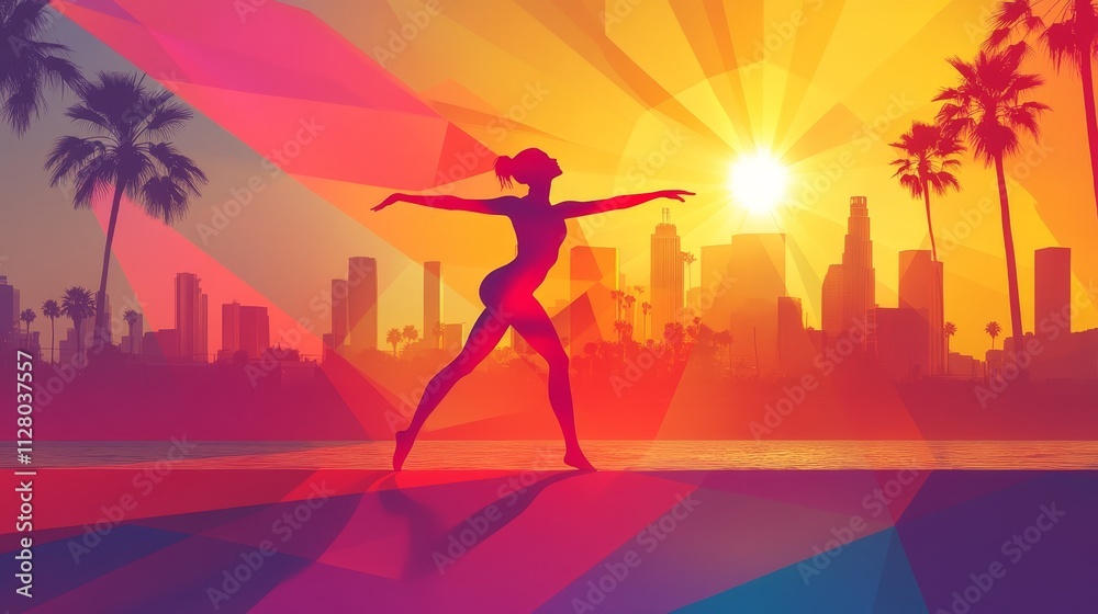 Silhouette of a Woman Practicing Gymnastics with Los Angeles Skyline at Sunset, Abstract Design Silhouette of a Woman Practicing Gymnastics with Los Angeles Skyline at Sunset, Abstract Design