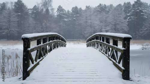 Fototapeta Naklejka Na Ścianę i Meble -  A snowy wooden bridge on a winter day in Juchy, Poland.