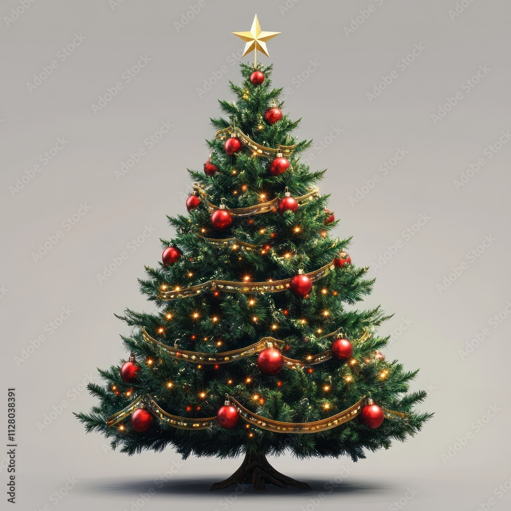 classic and realistic christmas tree with red balls and golden bands classic and realistic christmas tree with red balls and golden bands