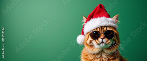 Red cat in Santa hat with sunglasses on green background.Fun. Festivity. Whimsy. Holiday Cheer.greeting card, holiday flyer, pet design, Christmas theme, social media post, mockup, festive design, gre