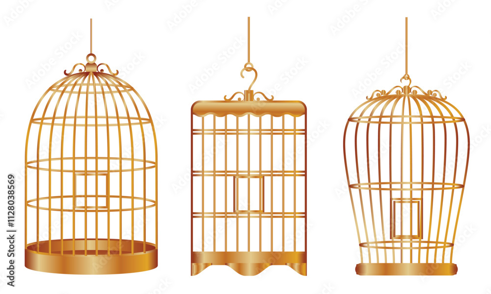 Set illustration of three beautifully designed golden birdcages in various shapes. Each cage features unique ornate patterns, ideal for decorative purposes. The image captures elegance and
