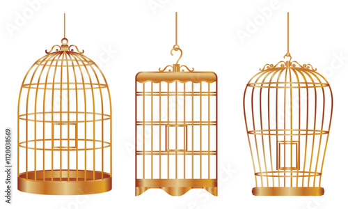 Set illustration of three beautifully designed golden birdcages in various shapes. Each cage features unique ornate patterns, ideal for decorative purposes. The image captures elegance and