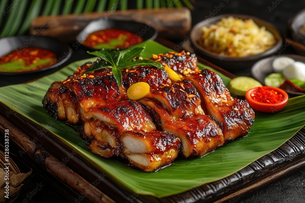 Grilled chicken slices with sauce, served on banana leaf. Grilled chicken slices with sauce, served on banana leaf.