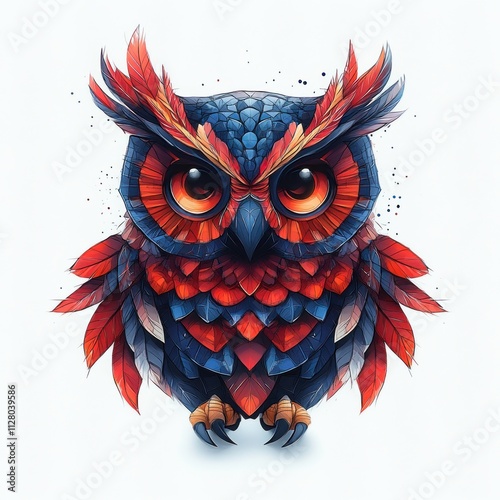 Geometric Owl Illustration in Vibrant Red and Blue Digital Art