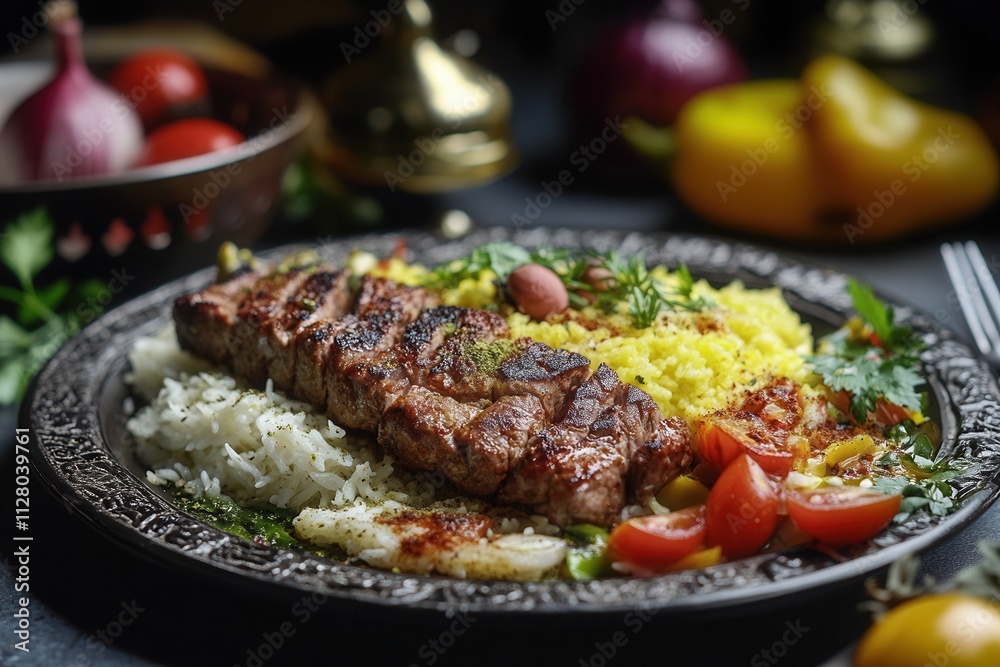 Grilled meat with saffron rice and vegetables.