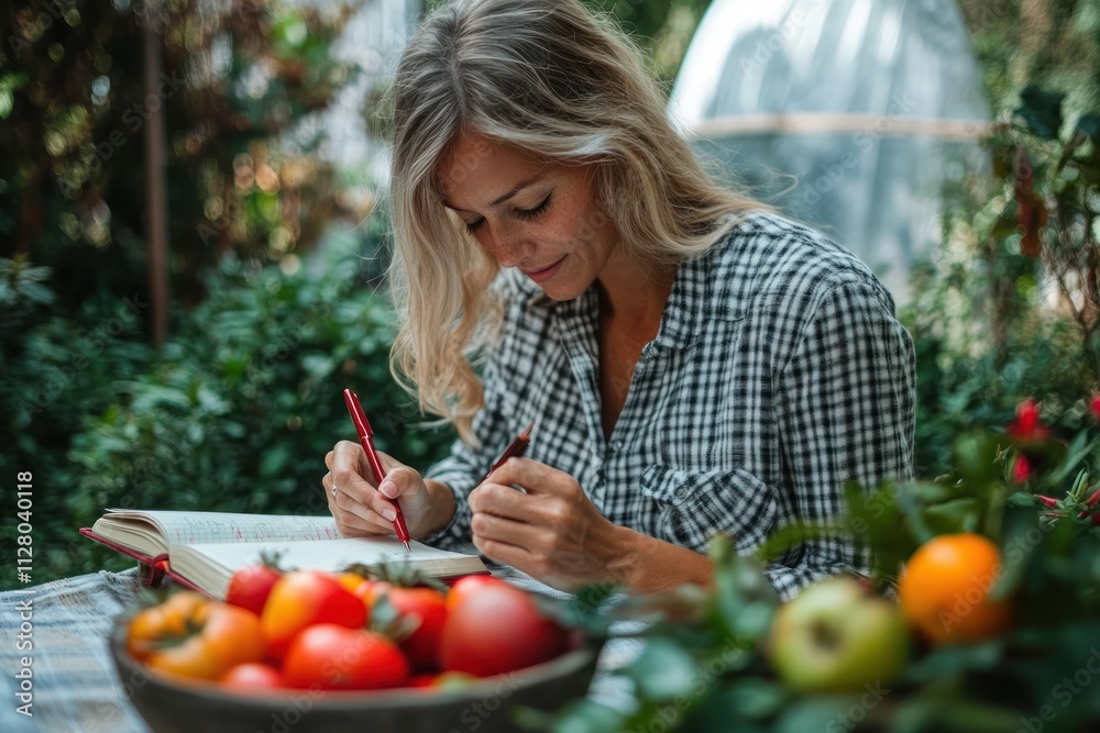 Older Woman Writing in Garden Journal Among Autumn Foliage with Colorful Fruits