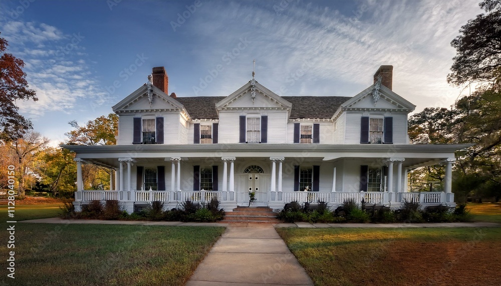 Early 20th century white clapboard Colonial mansion with center entry and dormers, set in Shaker Heights, Ohio. Early 20th century white clapboard Colonial mansion with center entry and dormers, set in Shaker Heights, Ohio.