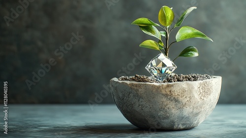 A young plant in a container with a diamond as its bloom, representing the idea of fostering new, worthwhile corporate expansion and investments in a promising future